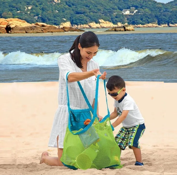 8色の空白の子供のメッシュシェル砂浜の貝殻バッグキッズのおもちゃがサンドボックスを受け取るサンドボックスを受けるボディストレージバッグ