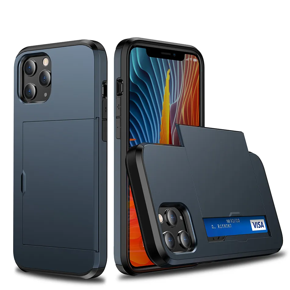 Card Slot Soft TPU Hard PC Stuffsäkert telefonfodral för iPhone 15 14 13 12 Mini 11 Pro XS Max XR 7 8 Plus Samsung S23 S22 S21 Note20 Ultra S21Fe Card Pocket Case