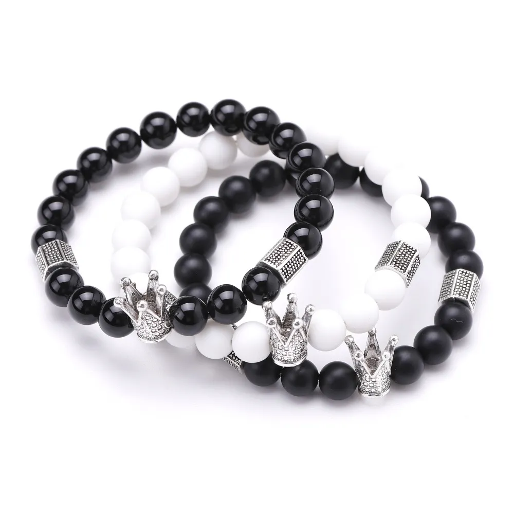 Haute Qualité Handmade Blanc Black Bead Link Crown Charm Bracelet pour hommes Femmes