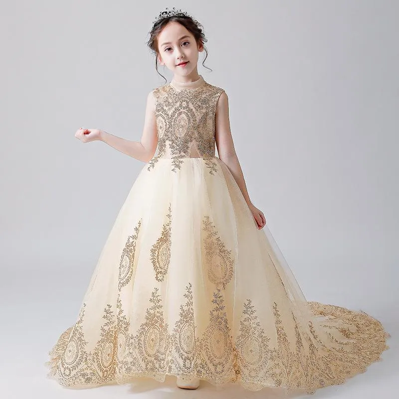 Великолепная длина пола золота блеска цветок девушка платье с высоким воротником кружева аппликация вечеринка платье для девушки с молнией вверх