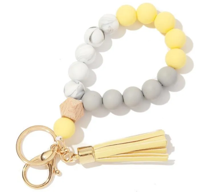 Party Favor Wooden Tassel Bead String Bracelet Keychain Food Grade Silicone Beads Bracelets Women Girl Keyring Wrist Strap SN3134