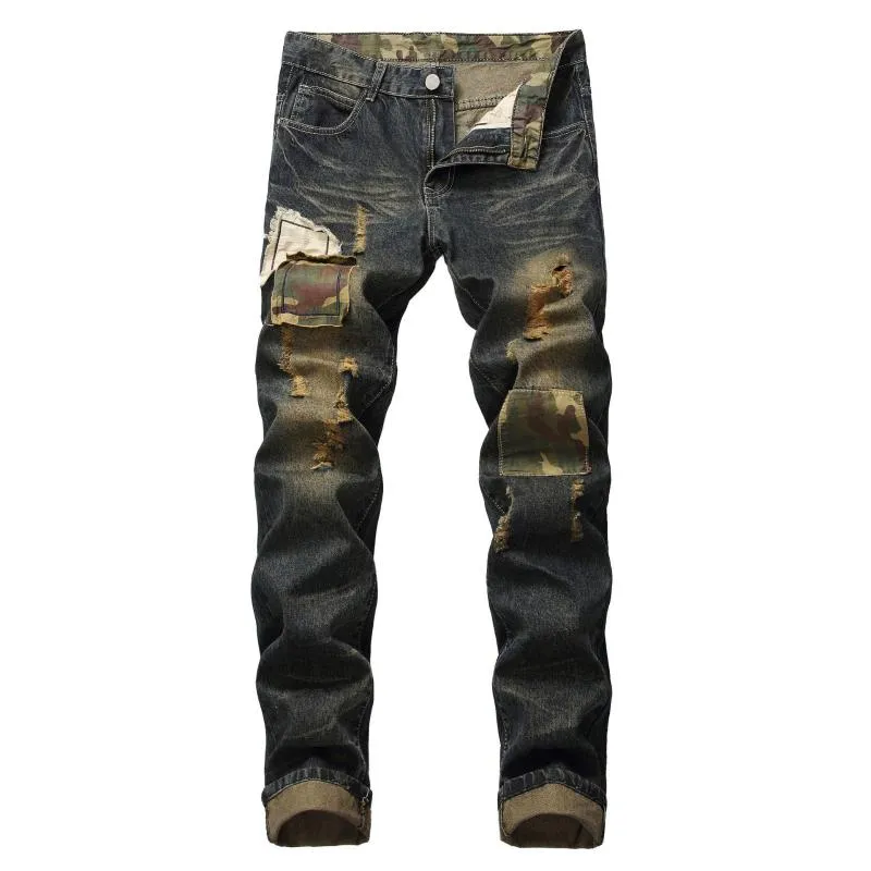 Men's Jeans The European And American High Street Ripped Mens Slim Feet Men Leather Folds Locomotive Stretch Trousers