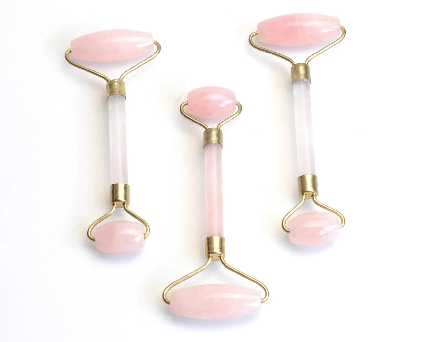 Gold Plated Natural Rolling Chakra Rose Quartz crafts Carving Reiki Crystal Healing Scraping Beauty Roller Facial Massage Stick Alloy