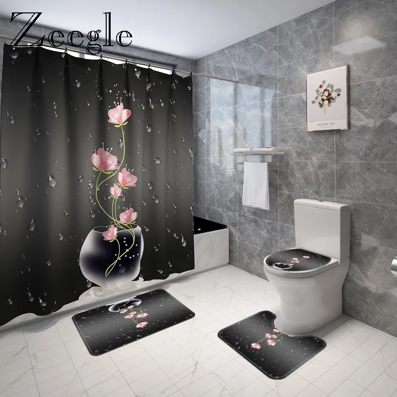 Printed Floral Bath Mat and Shower Curtain Set Microfiber Toilet Cover Bath Mat Bathroom Foot Mat Absorbent Toilet Floor Carpet