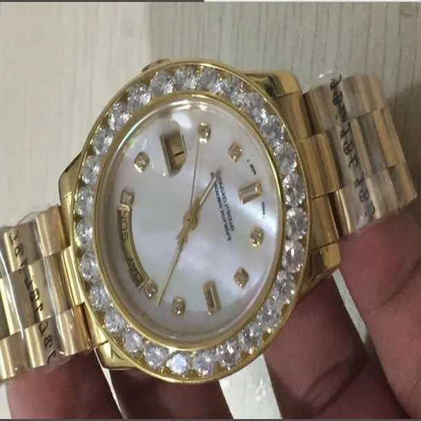 Montres de luxe Montre femme de haute qualité 36mm Day Date President Or 18K Blanc MOP Bigger Diamond Dial Bezel Quickset 2Y automati260P