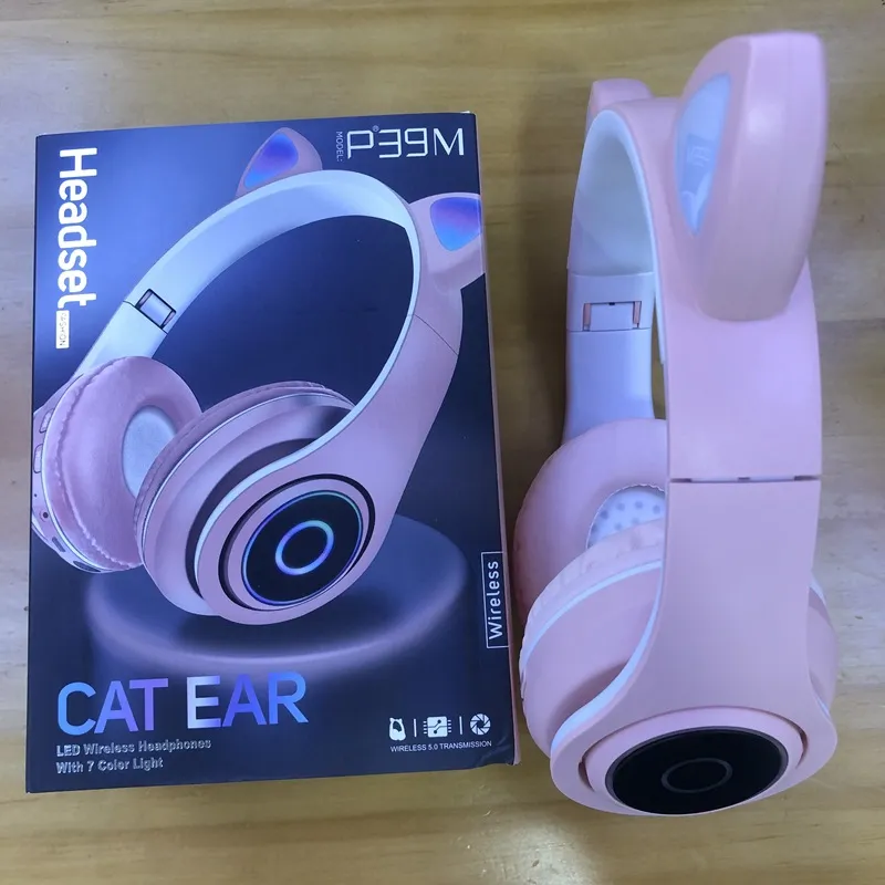 Hot Cat Ear LED Trådlösa hörlurar P39M Gullig Bluetooth 5.0 Headphone Support TF-kort med detaljhandelspaket