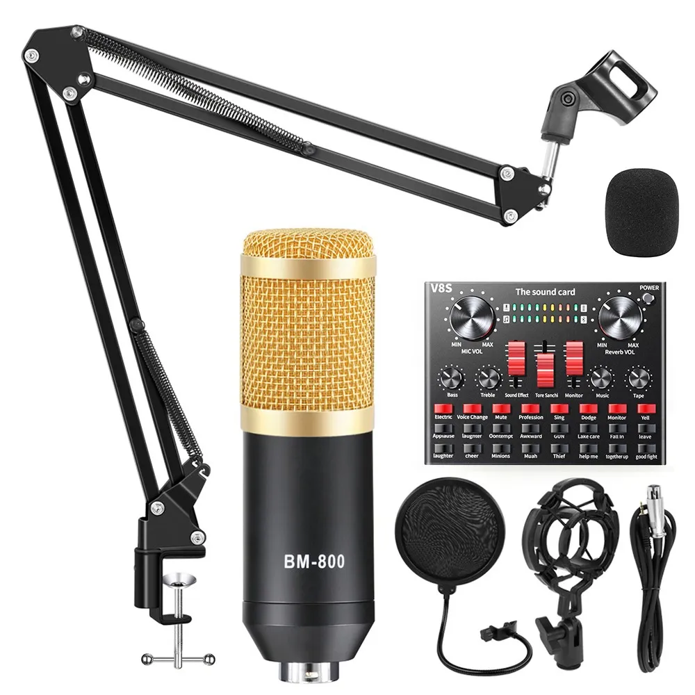 Microphones Kit mezclador, interfaz de Audio para teléfono, ordenador, PC, grabación Podcast, micrófono condensador BM800, tarjeta de sonido bm 800, V8S