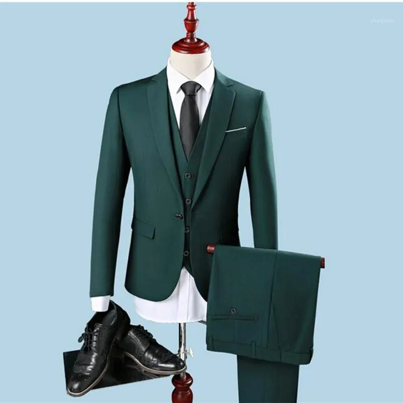 Partihandel-2021 Slim Fit One Button Groom Tuxedos Groomsman Man Party Men Green Passar Mens Business Formell Wear (Jacket + Pants + Vest) 1 Mäns