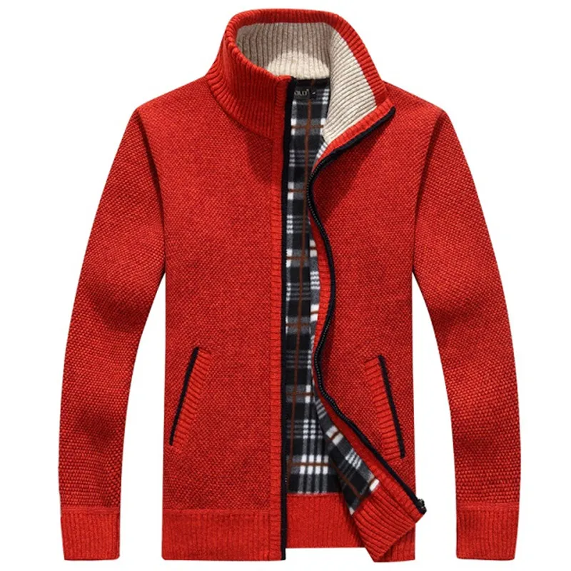 Moda- Homens Cardigan Sweaters outono inverno quente Cashmere Wool Zipper Cardigan de algodão Casual Knitwear Plus Size RED bege Mandarim Bonito