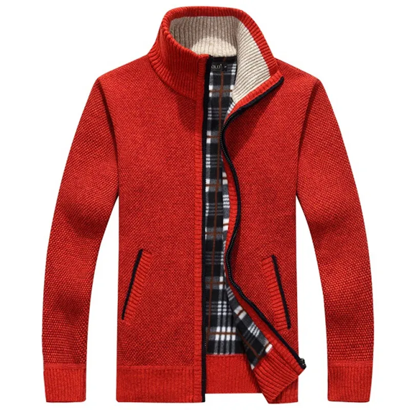 Mode- Hommes Cardigan Pulls Automne Hiver Chaud Cachemire Laine Zipper Cardigan Casual coton Tricots Plus La Taille ROUGE beige Beau Mandarin