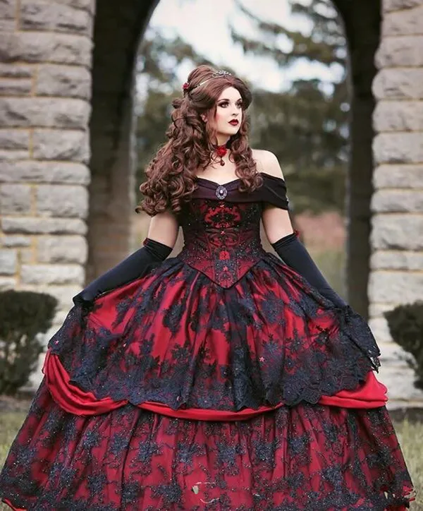 Gothic Belle Red black Upscale Fantasy Wedding Dresses Gown Lace Applique Exposed Boning Corset Lace Applique Beading Victorian ma2479