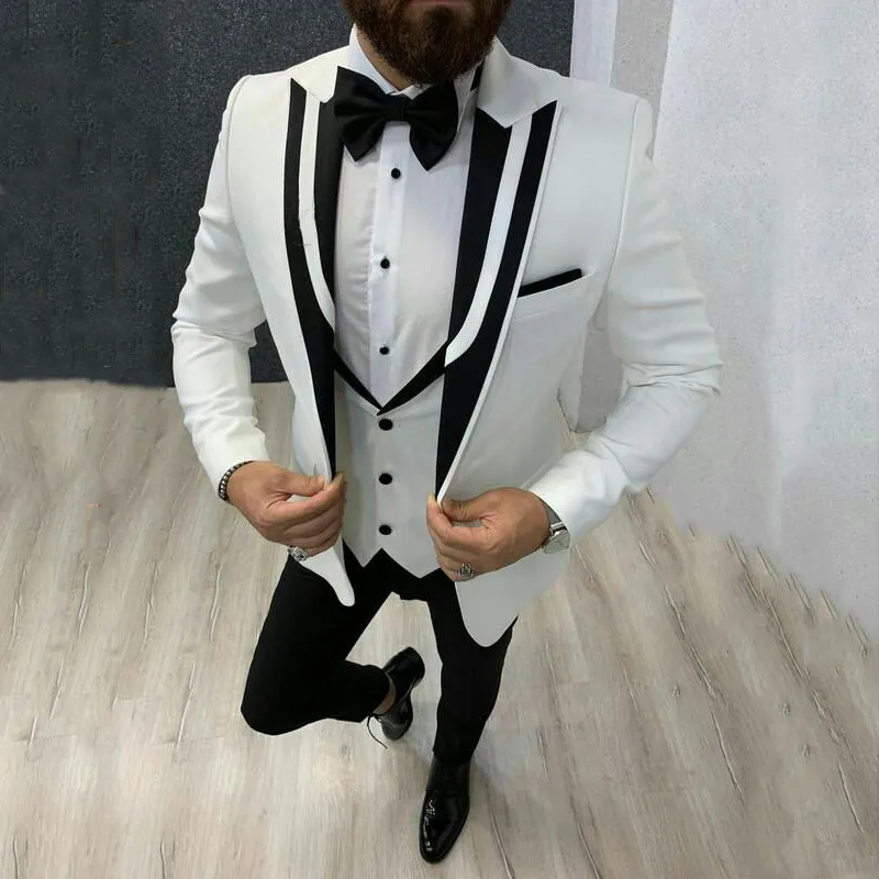 Brand New Groomsmen Peak Lapel Groom Tuxedos White and Black Men Suits Wedding Best Man 3 Pieces Blazer ( Jacket+Pants+Tie+Vest ) L616