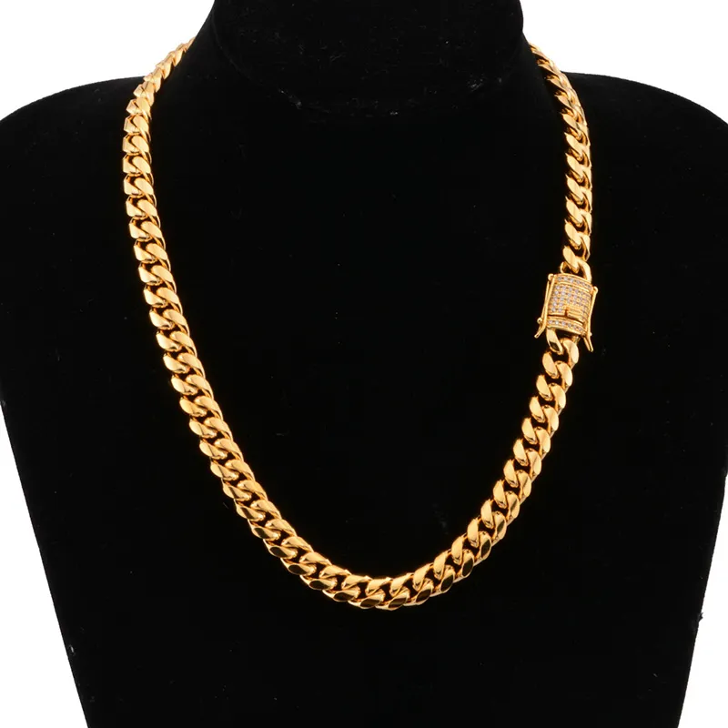 618mm Wide Stainless Steel Cuban Miami Chains Necklaces CZ Zircon Box Lock Big Heavy Gold Chain HipHop jewelry5264375