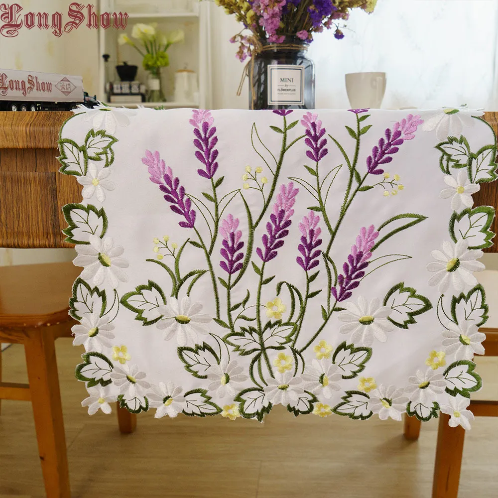 Style japonais 40x90 40x180cm Luxe Violet Lavande Floral Blanc Satin Cutwork Brodé Chemin De Table TV Stand Cabinet Couverture 201120