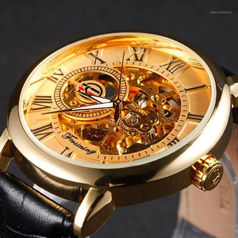 남자 시계 골든 로마 번호 기계적 손목 시계 정품 가죽 남성 캐주얼 시계 Relogio Masculino1