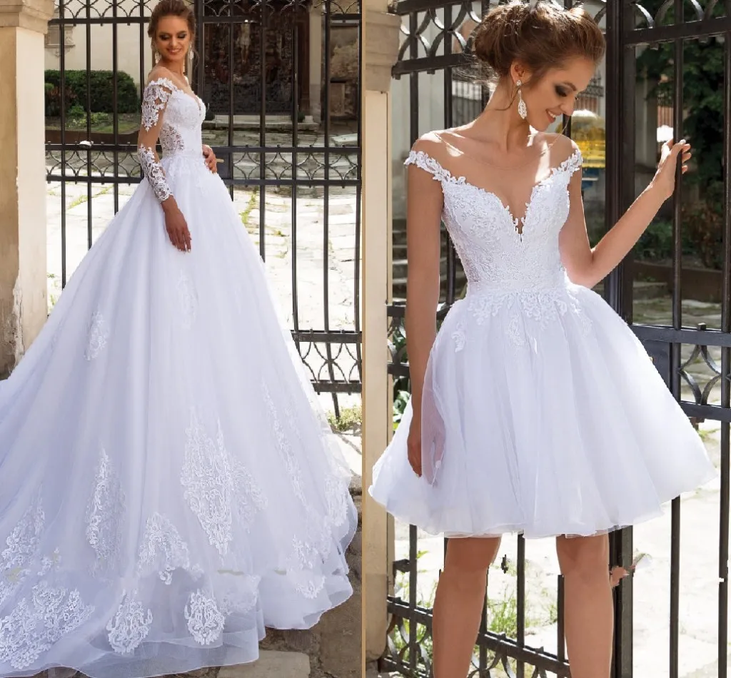Kleines weißes Kleid 2021 Langarm-Hochzeitskleider mit abnehmbarer Schleppe 2-in-1-Strand-Brautkleid mit Schnürung am Rücken Vestido de Noiva