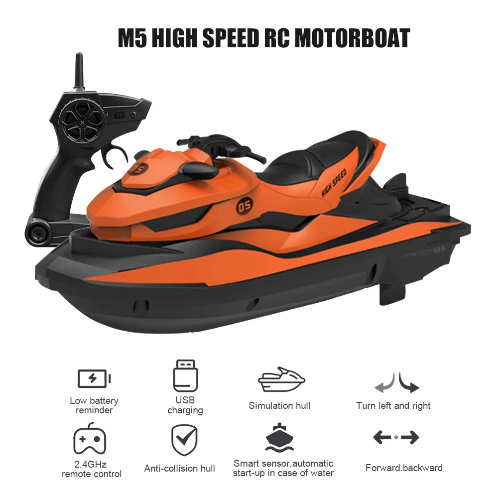 RC motorboat m5 2.4g mini controle remoto RC barco barco a motor 10km / h de alta velocidade crianças brinquedos modelo para esqui aquático no verão 201204