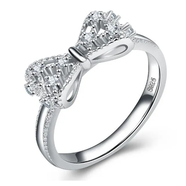 S925 실버 Diamante 활 여성 반지 인레이 지르콘 신부 결혼식 약혼 반지 패션 쥬얼리 크기 5-10