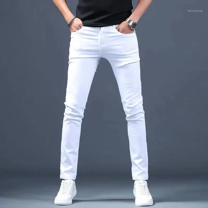 مصمم الأبيض جينز الرجال العلامة التجارية الجديدة الأزياء مرونة رجل الدينيم السراويل السراويل عارضة ضئيلة صالح تمتد نحيل جينز السراويل للرجال 1