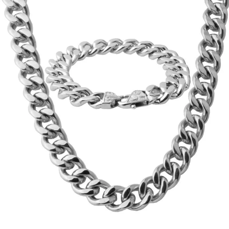 Brincos Colar 12 / 15mm de polimento de prata cor de prata homens braceletnecklace conjuntos de aço inoxidável cadeia de link cubano