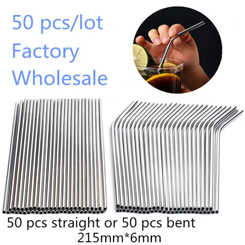 Batch Straws 50Pcs/Set Metal Straw Reusable Wholesale Stainless Steel Drinking Tubes 215mm*6mm Straight Bent Straws For Drink T200111