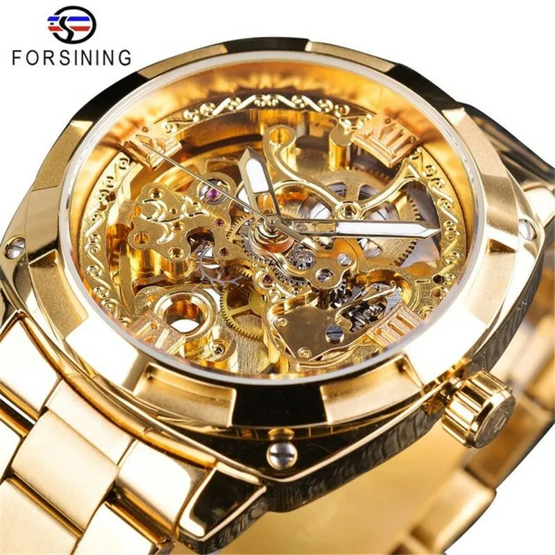 Qifusini 새로운 대외 무역 패션 크로스 테두리 자동 중공 기계식 시계 망 스틸 스트랩 시계 손목 시계