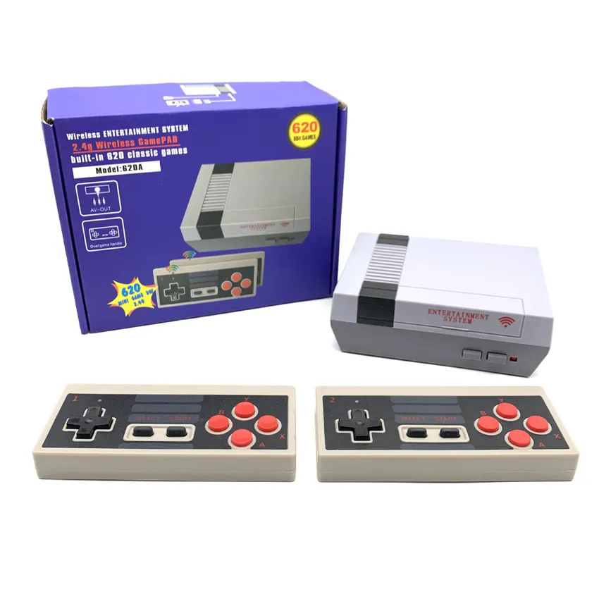 Kablosuz Eğlence Sistemi Bulit 620-in Klasik Oyunlar Retro Aile Video Oyun Konsolu AV-OUT NES FC için 2.4G Çift El Gamepad ile