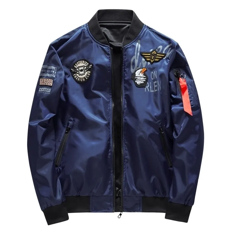 Male Bomber Jacket Men Army Military Pilot Badge Embroidery Baseball Double Sided Motorcycle Coat Big Size 5XL 6XL 220301