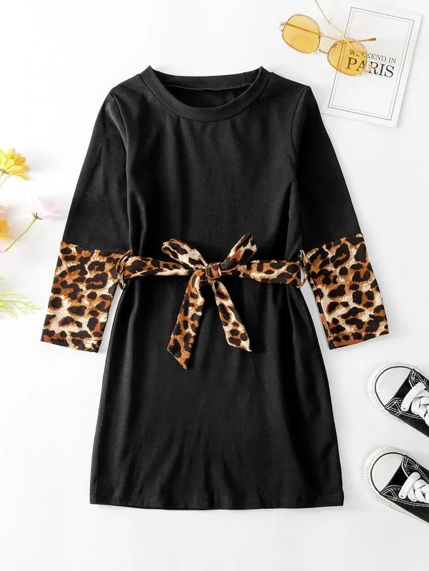 Småbarn flickor leopard tryck bälte klänning She01
