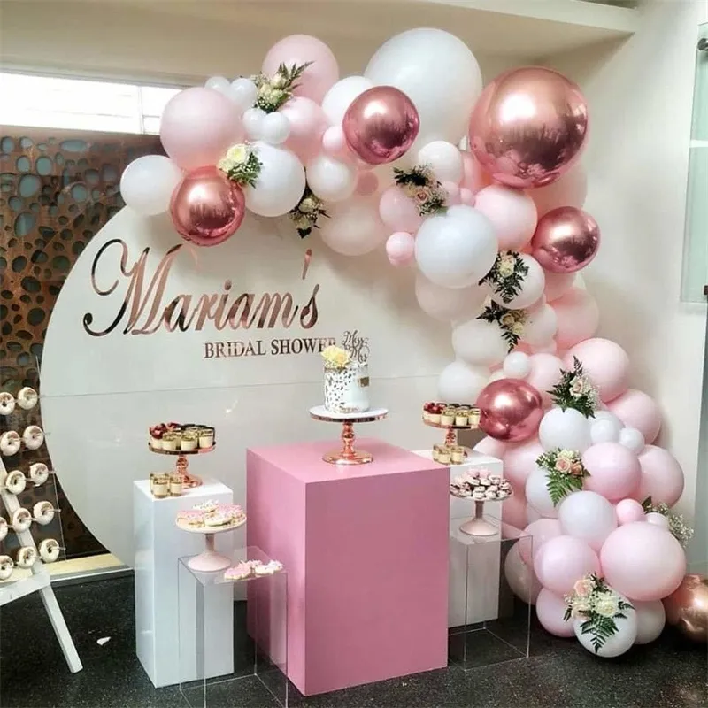 101 DIY Ballonger Garland Arch Kit Rose Gold Rosa Vit Ballong för Baby Shower Bruddusch Bröllopsfödelsedagsfest dekorationer T200524