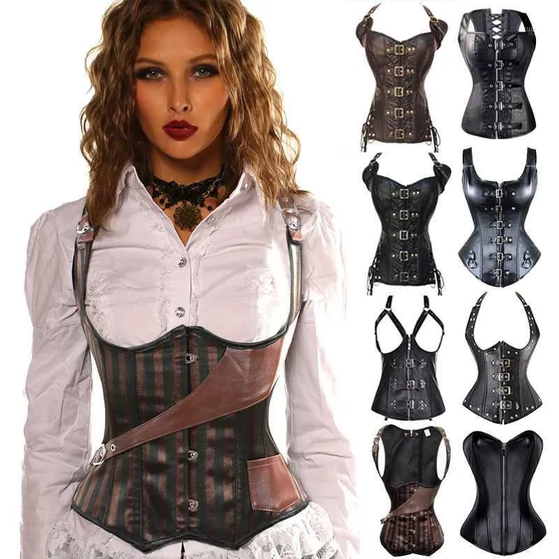 Steampunk 코르셋 탑 여성 코르셋 섹시한 Bustier 고딕 Corselet overbust 가죽 뚱뚱한 허리 트레이너 플러스 크기 6xl 강철 boned1