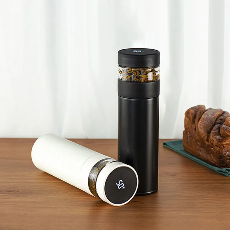 Dubbele muur roestvrijstalen thermos met theefilter 400 ml lekvrije waterfles LCD-temperatuurscherm Smart vacuümfles LJ201221