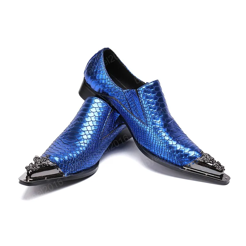 Mode blauwe schalen lederen mannen Oxfords schoenen big size metalen puntige neus slip op formele feestjurk schoenen