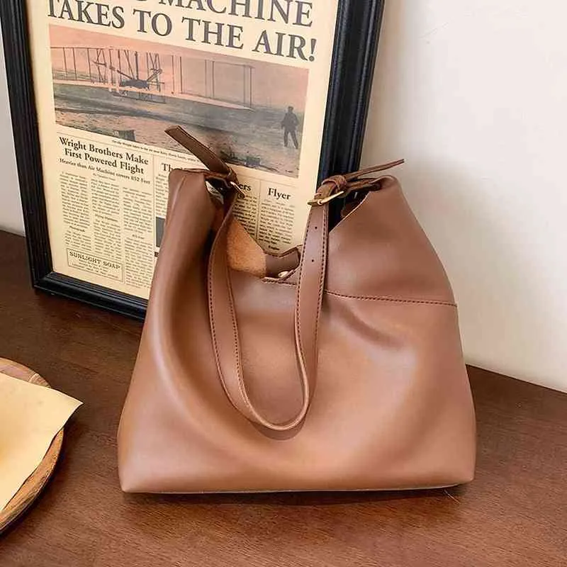 Shopping Bags Minimalism Fashion Solid Color Tote Bag for Women High Quality Thick Leather Shoulder Purse Female Shopper Black 1 New 220309