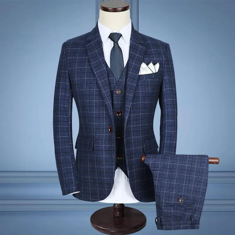 Ternos masculinos blazers dhl azul xadrez espinha de peixe retro cavalheiro estilo personalizado feito sob medida terno blazer para homem 3 piece335j