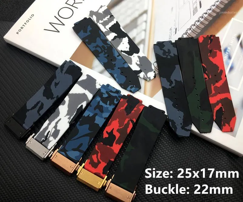 Varumärkekvalitet 25x17mm Red Blue Black Grey Camo Camoflag Silicone For Belt For Big Bang Strap Watchband Watch Band Logo On1283b