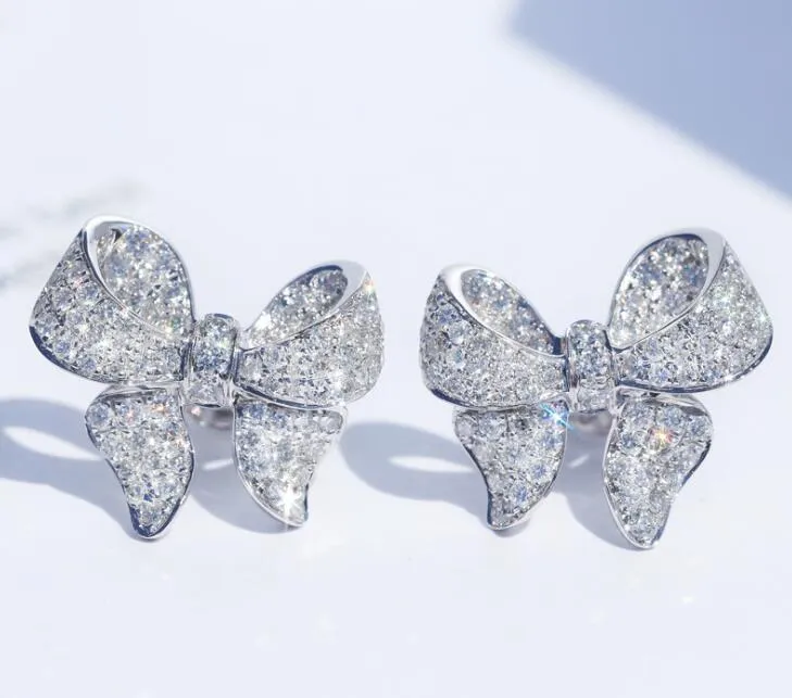 S925 Sterling Zilver Love Bow Bowknot Designer Stud Oorbellen Shining Crystal Luxe CZ Bling Diamond Stone Cute Earings Earring Ear Rings Sieraden voor vrouwen