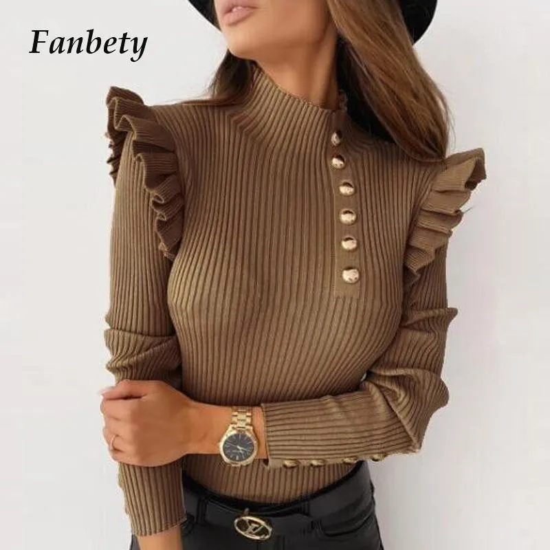 Women Autumn O Neck Solid Ruffles Blouse Shirt Office Ladies Long Sleeve Rib Pullover Tops Elegant Basic Female Slim Shirt Blusa1