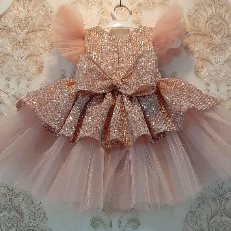 Fashion-Girl's Dresses Sequin Cake Double Baby Girl Dress 1 سنة عيد ميلاد مولود حفلة الزفاف الكرة ثوب الملابس