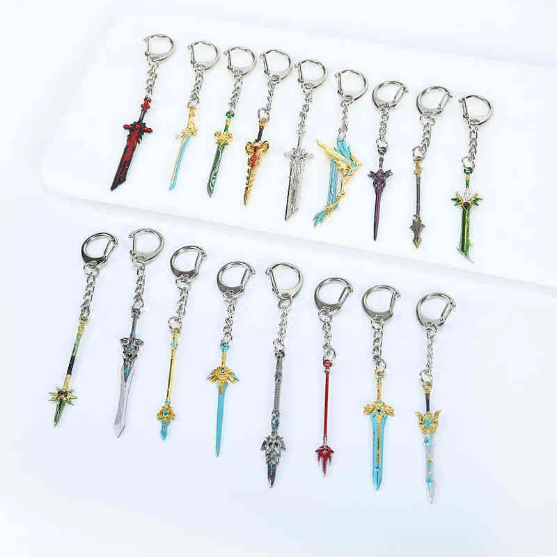 Игра Genshin Impact Key Цепочка Walfs Sword Vision Lnazuma Ganyu Keqing Wendi Xiao Keychain Светящиеся 7 Элемент Оружие Игрушка Keyring Y1231