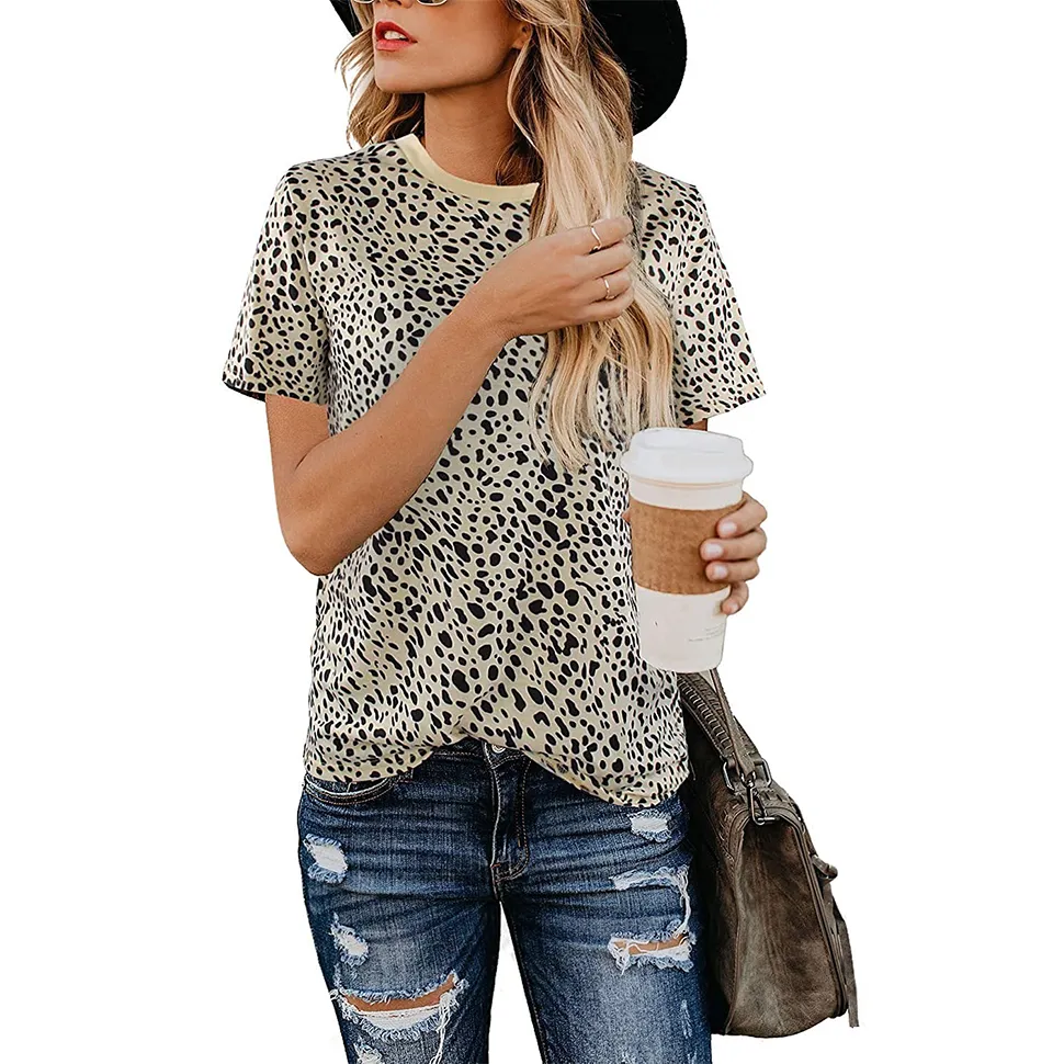 Kvinnor Leopard Skriv ut T-shirt Casual Toppar Tee Lady Short Sleeve T-shirt Top Woman Fashion Blouses Plus Storlek