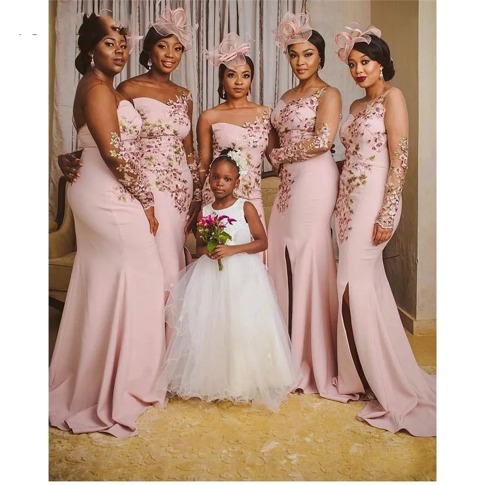 2021 Black Girl Syrenka Druhna Dress Długie Rękawy Aplikacje Kwiaty Wydarzenia ślubne Dress Koronki Afryki Maid of Honor Suknie Al7599