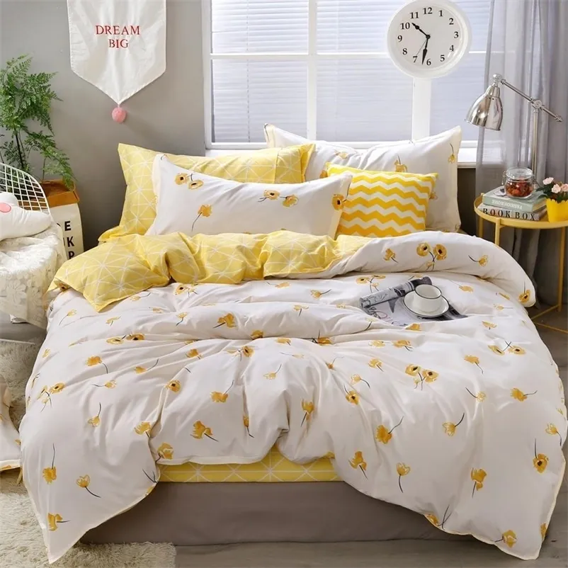 Yellow Floral Bedding Set Luxury Flowers Duvet Cover Set Lucky Clovers and Plaid Reversible Bed Linen Luxury Home Textile 201021