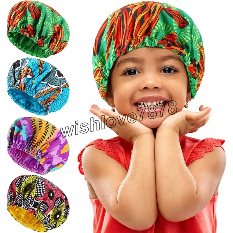 Kids Bonnet Night Sleep Caps Toddler Girls Baby Satin Elastic Band Double Layer Sleeping Hats Showering Cap African Headtie