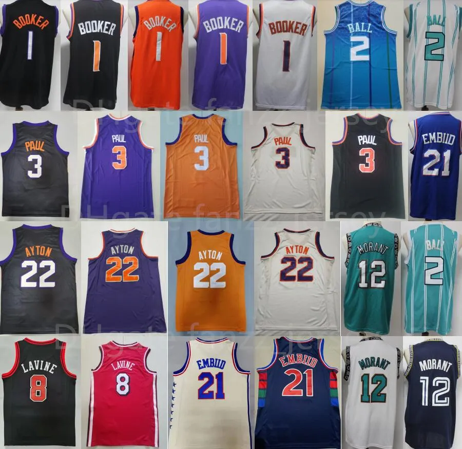 バスケットボール渓谷Devin Booker Jersey 1 Deandre Ayton 22 Chris Paul 3 Joel eviid 21 Lamelo Ball 2 Ja Morant 12ステッチブラックホワイトパープルオレンジグッドクオリティ都市メンズ