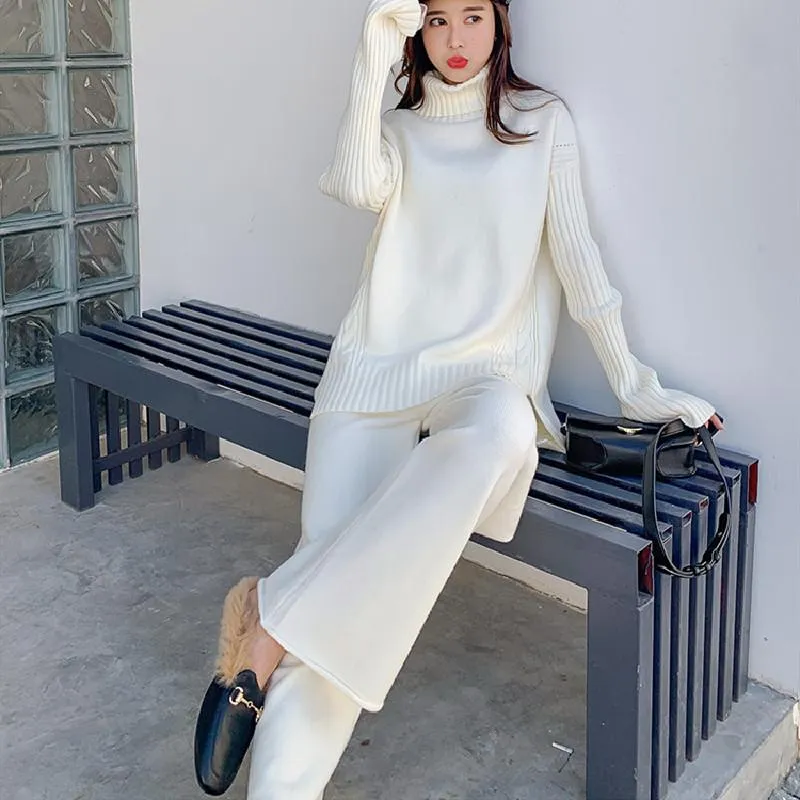 2021 Autumn Womens Casual Two Piece Tracksuit Set Solid Wool Knitted  Turtleneck And Trousers Sweater And Wide Leg Pants With Elegant Fashion For  Ladies From Qqueyyueg, $35.77