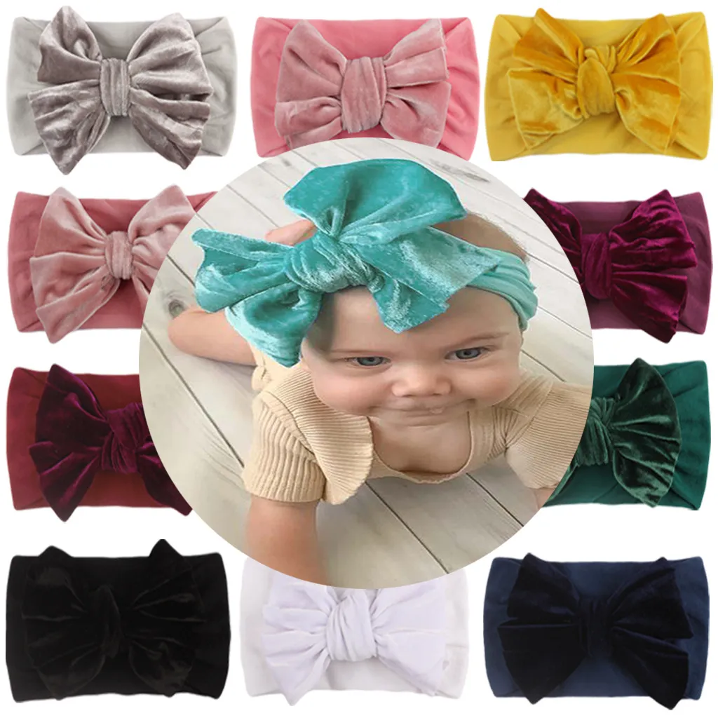 Nyaste Baby Headband Flannelette HairWrap Big Bow Wide Hair Band Velvet Kid Hår Tillbehör Turban Knut Wide Head Wrap