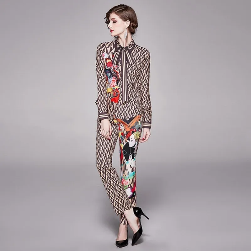 high quality Fashion Runway Autumn Pants Two Pieces Set Women's Long Sleeve shirt + Casual Floral Print Pants Sets Suits 201119