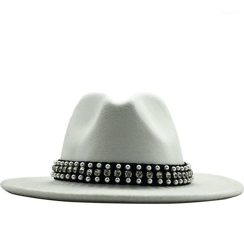 Hot Men Kobiety Szeroki Brim Wełna Fild Fedora Panama Kapelusz z klamrą Pasek Jazz Trilby Cap Party Formalny Top Hat w różowym, White1