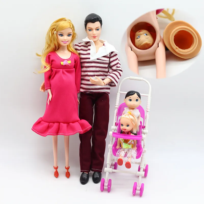 Juego de muñecas familiares felices para mujeres embarazadas, mamá, papá,  Ken y esposa, accesorios de cama para cochecito, juguetes para la casa de  juegos para niñas - AliExpress